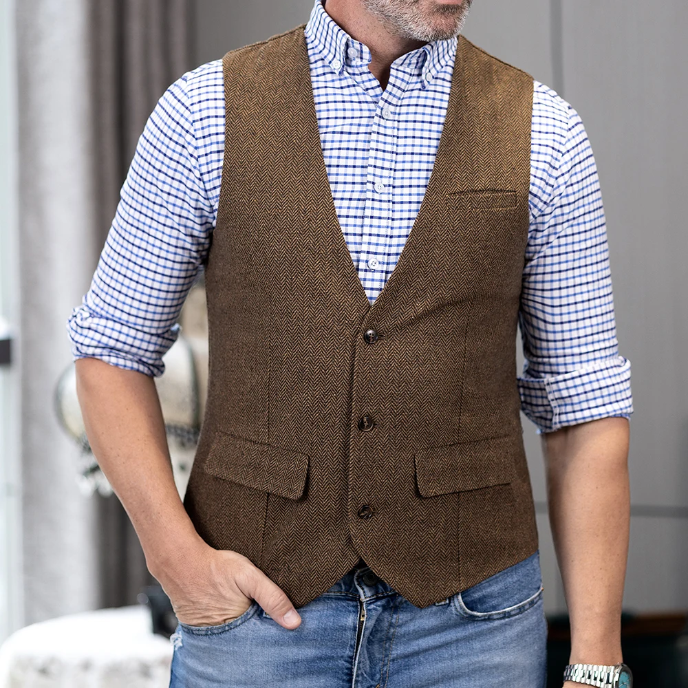 

Mens Classic Herringbone Tweed Wool Suit Vest V Neck Slim Fit Waistcoat for Wedding Groomsmen