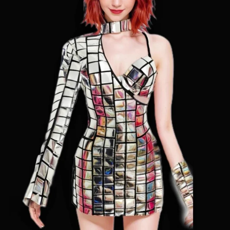 

Stage Performance Wear Single Sleeve Mirrors Party Dress Women Group Jazz Dance Costume Dj Ds Bar Nightclub Gogo Outfit