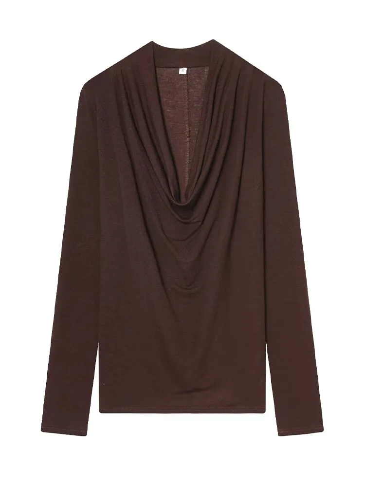 HH جديد امرأة الخريف موضة سوينغ طوق ثنيات تقليم بلون طويل الأكمام ملابس داخلية بلايز أنثى عادية تنوعا تي شيرت #3