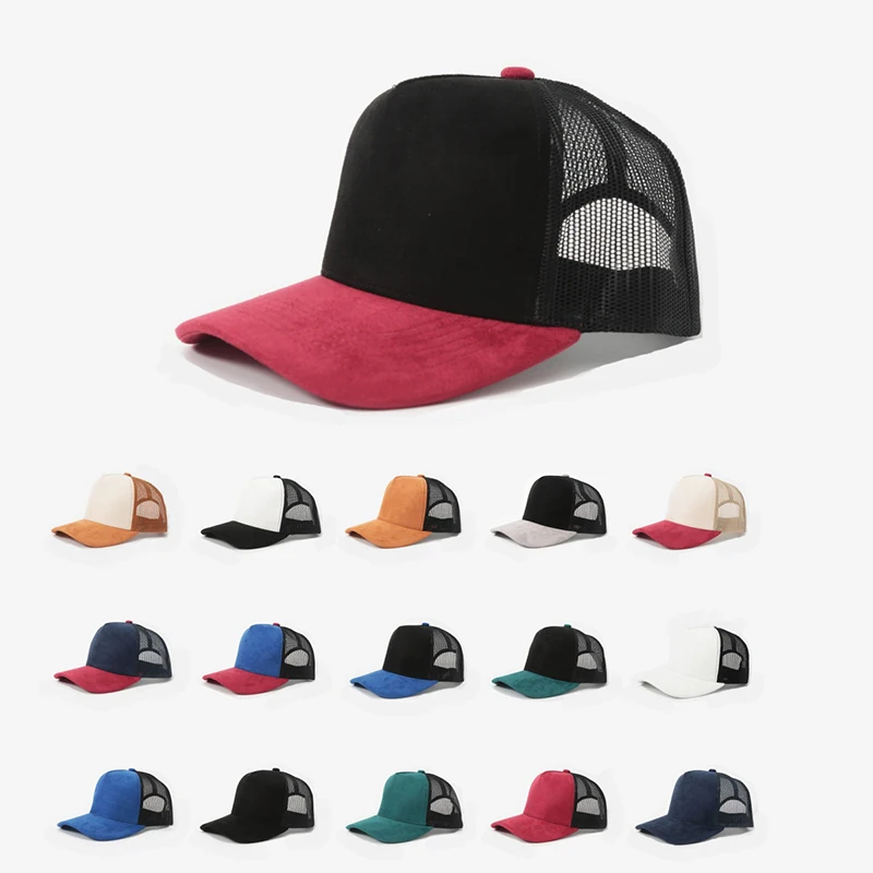 2026 New Summer Suede Spliced Mesh Trucker Cap Unisex Color Block Duckbill Hat Korean Trendy Versatile Breathable Baseball Sun H