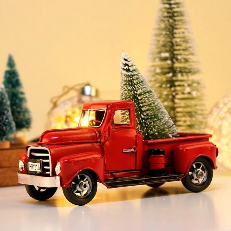 Xmas Crafts Vintage Red Truck Red Metal Rustic Pickup Truck And Pine Tree Model Exquisite Home Decoration