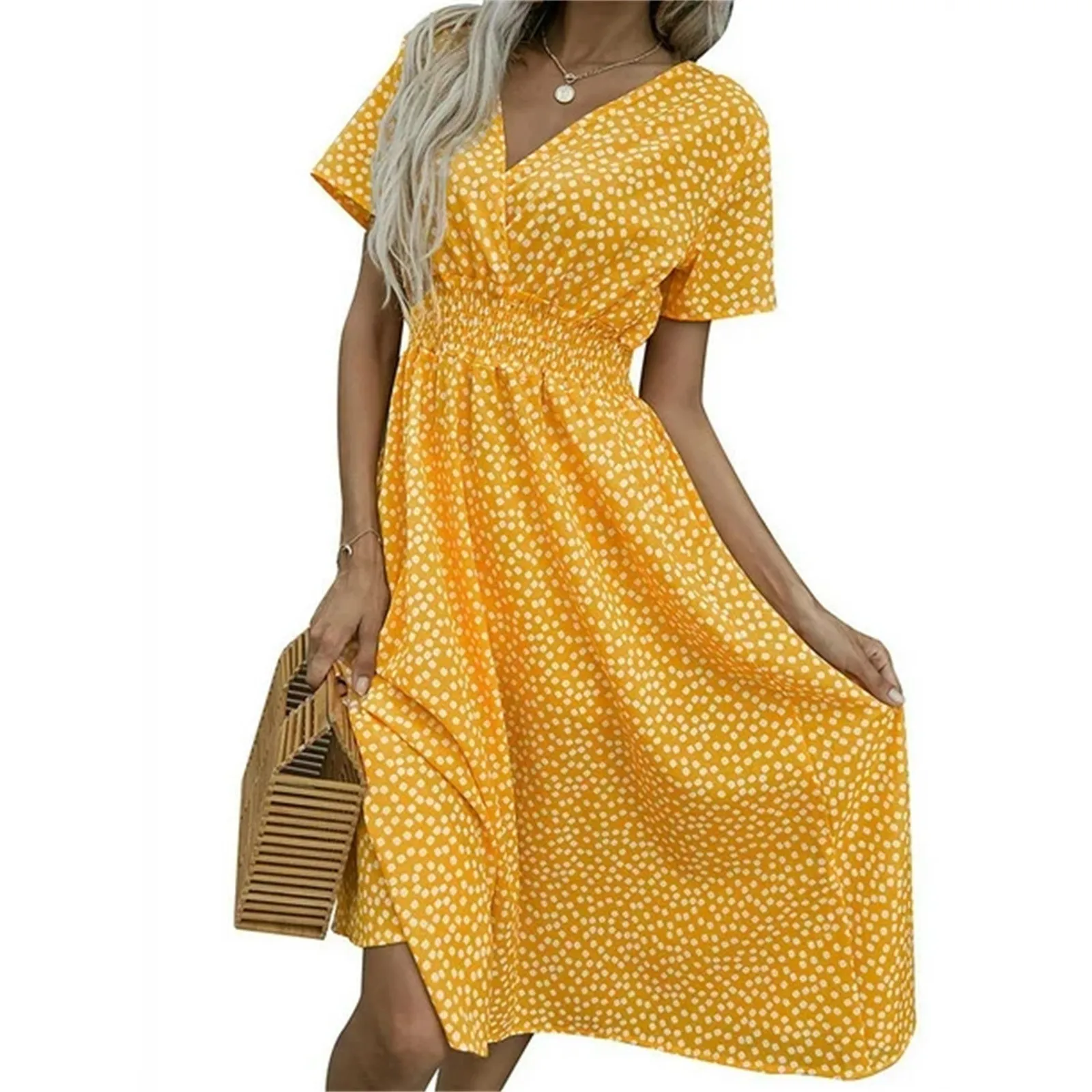 Women Floral Print Casual V Neck Short Sleeved Dress Lady A Line Beach Long Robe Dress European And American Rural Style