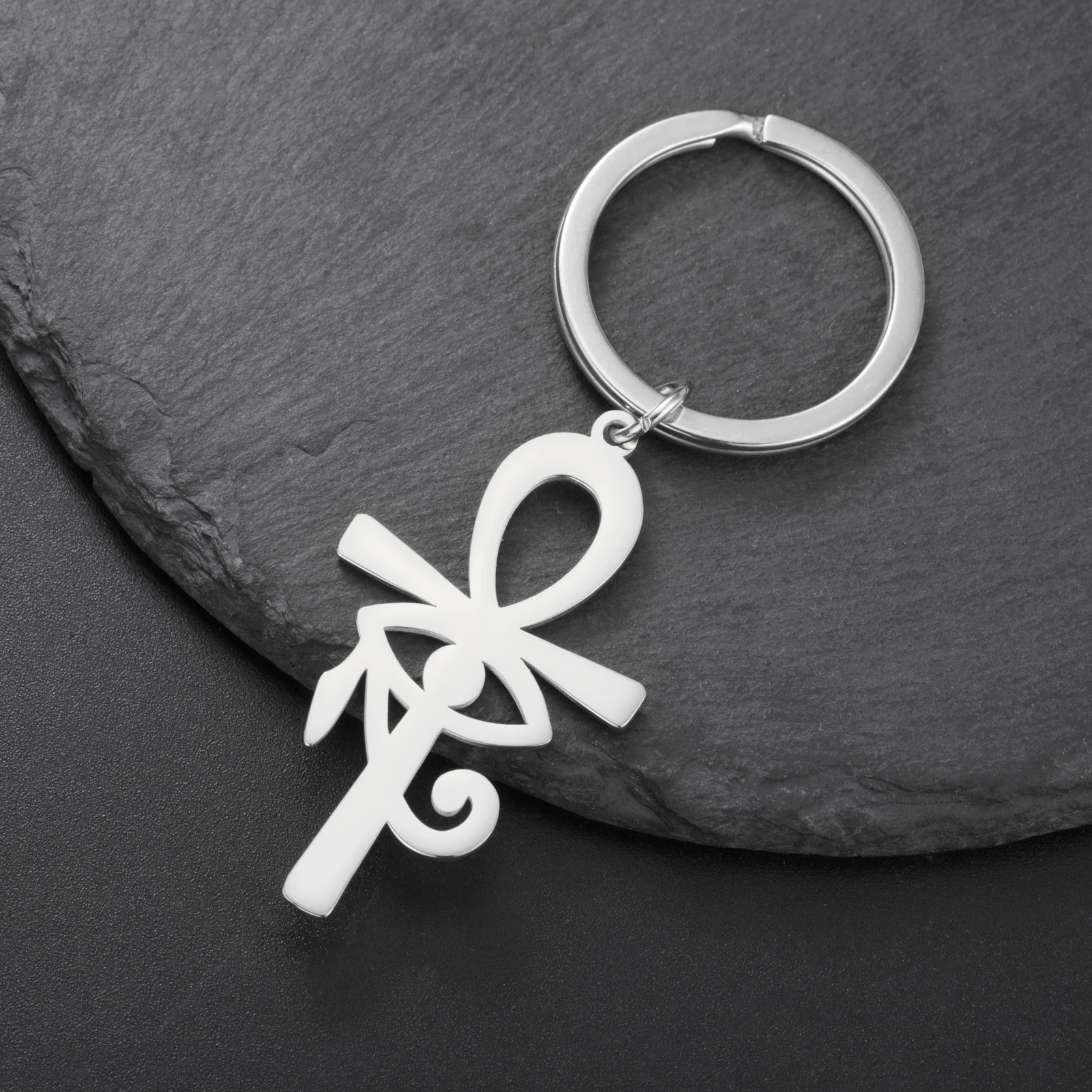 LIKGREAT Eye of Horus Keychain Ancient Egypt Ankh Cross Keyring for Women Men Stainless Steel Talisman Cross Jewelry Gifts