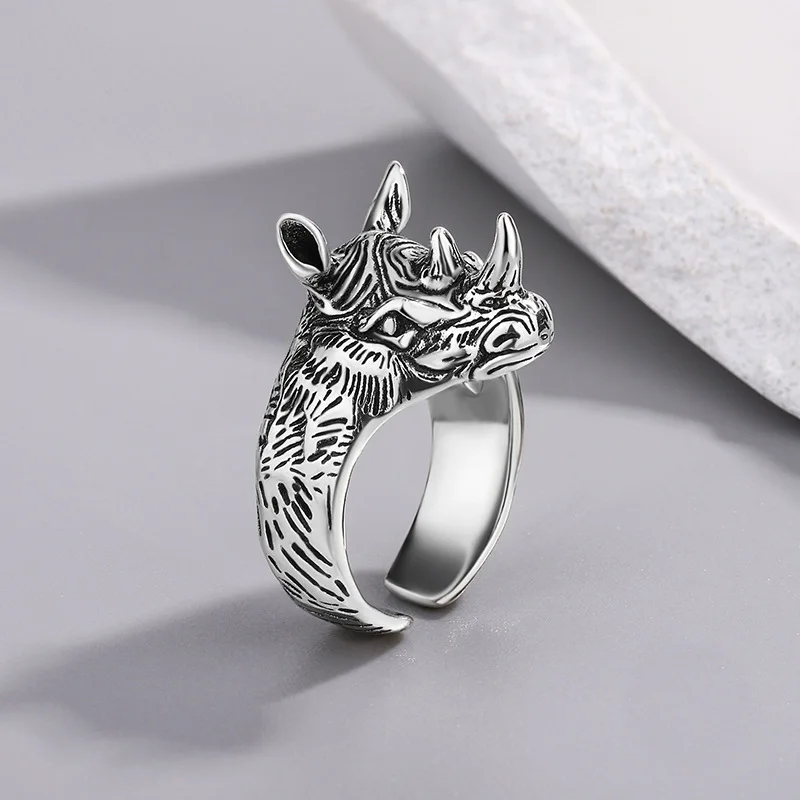 Personality Vintage Rhino Animal Design Thai Silver Man Punk Ring Jewelry Birthday Gifts Never Fade