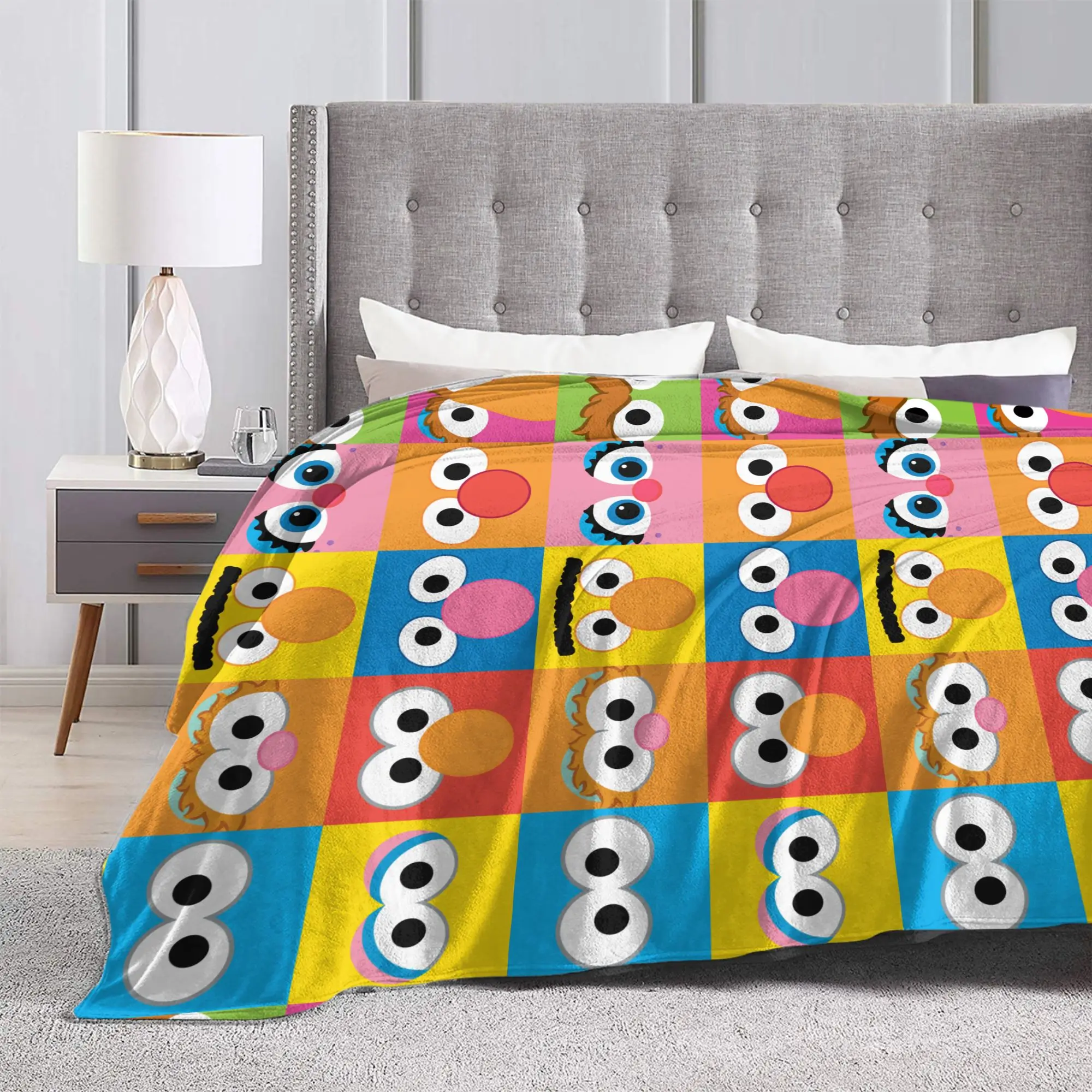 Sesame Street Character Eyes Pattern Blankets Flannel  Super Warm Throw Blanket for Outdoor Travel Bedspread