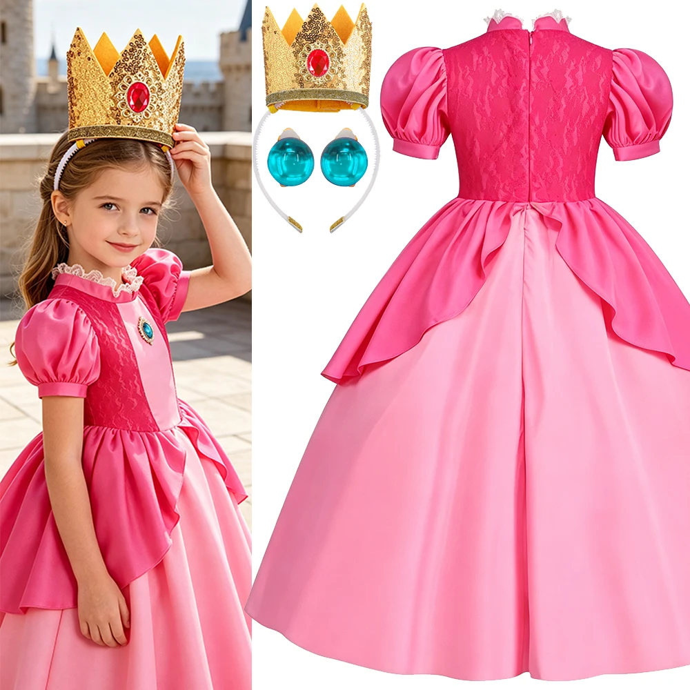 Pfirsichfarbenes Kleid für Mädchen, Prinzessinnenkostüm mit Puffärmeln für Halloween, Karneval, Geburtstag, 3 4 5 6 7 8 Jahre – Detail 2