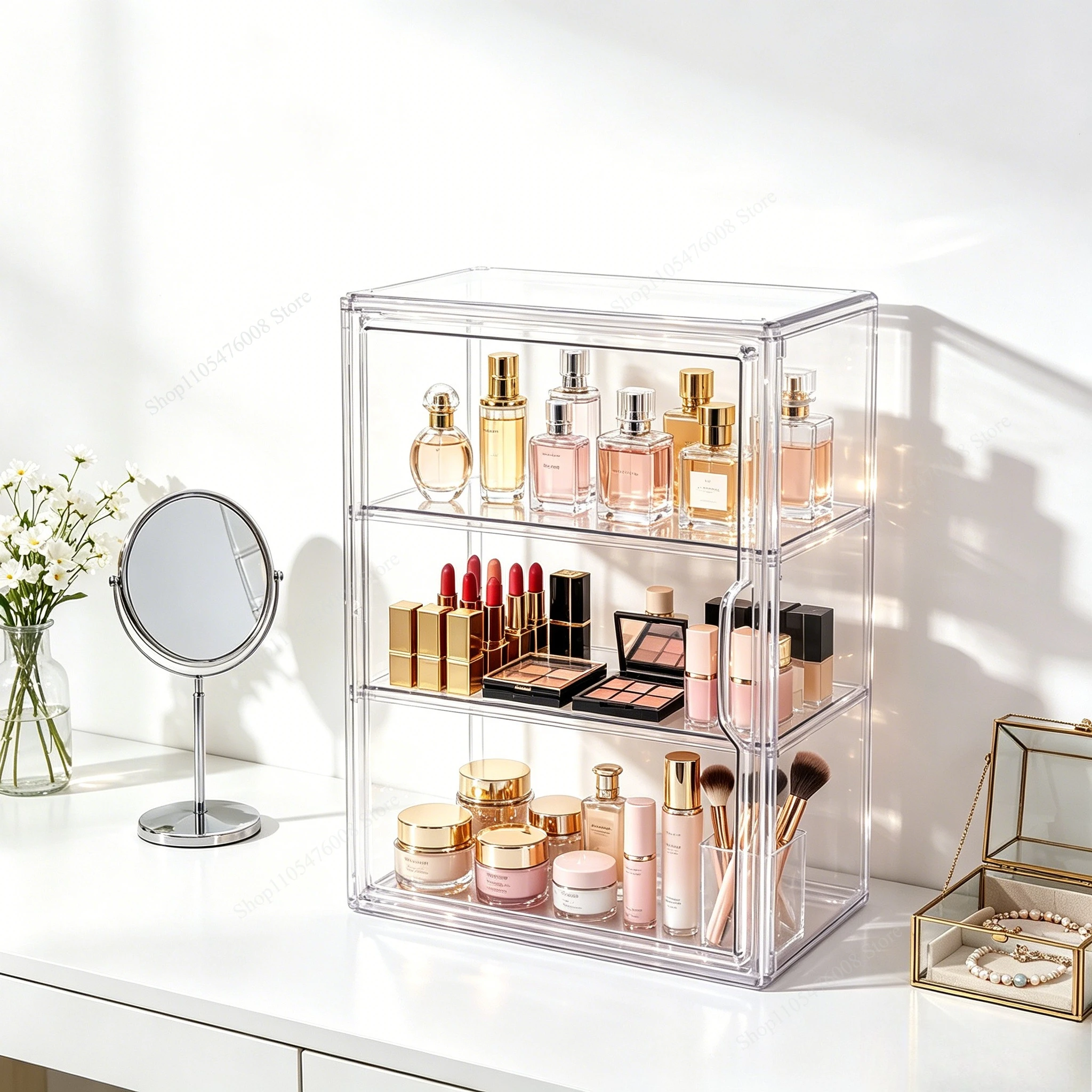Display Case Clear Storage Box 3 Tier Shelves Magnetic Door Dustproof Showcase for Figures Cosmetics Collectibles