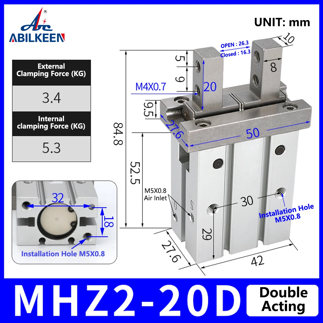 

ABILKEEN MHZ2-20D Пневматический цилиндр с параллельными когтями, механический палец, размер отверстия 10 мм, пневматический цилиндр двойного действия