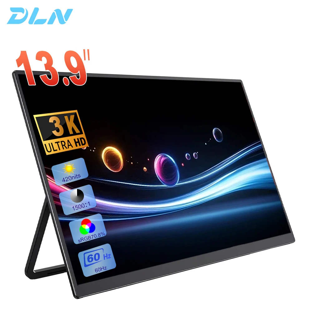 DLN 13.9 inch 3K Portable Monitor 2000P 70.80 sRGB 60Hz Laptop Screen Extender Stand Type Monitor For Wins & Mac, Gaming