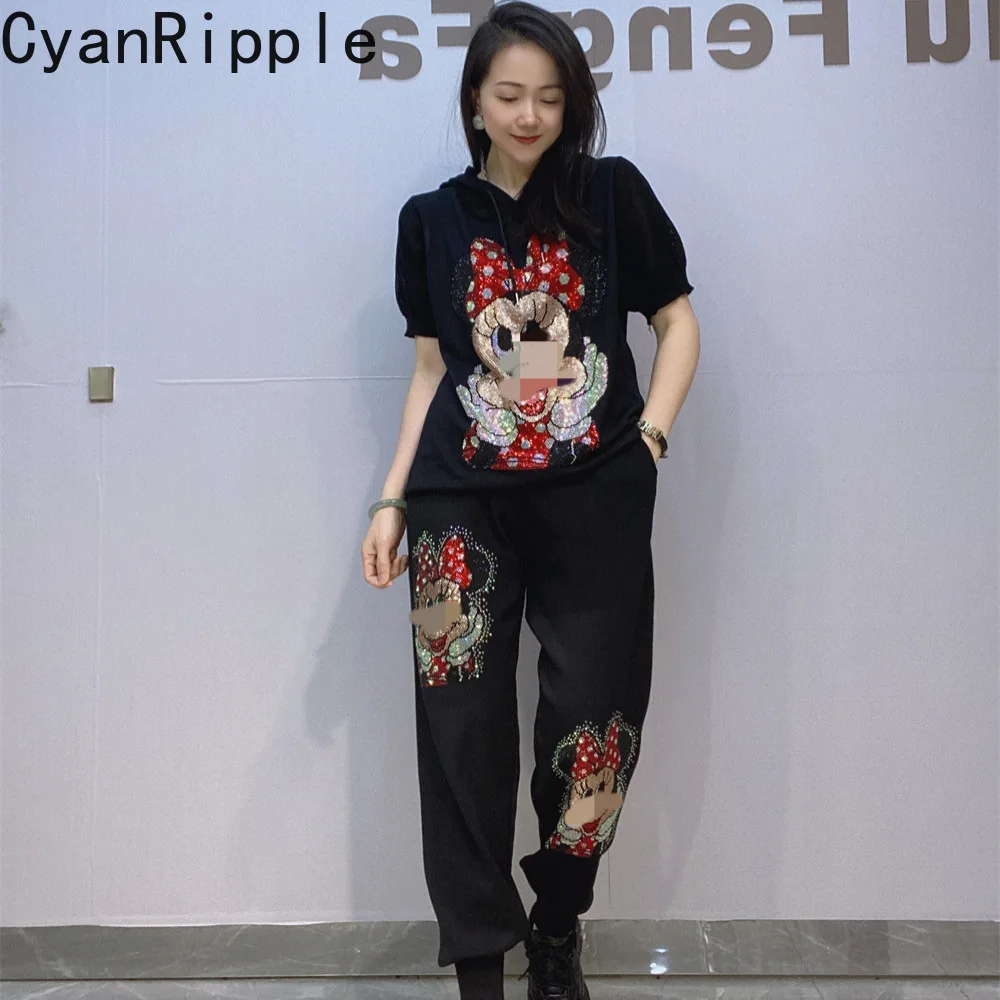 

Trendy New Spring Summer Women Knitted Sets Mickey Diamonds Short Sleeve Hooded Pullover Top + Elastic Waist Casual Harem Pants