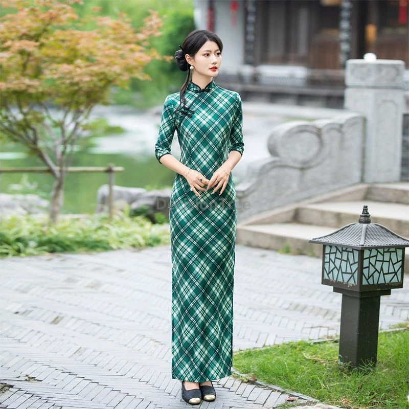 

2025 old shanghai vintage plaid design elegant cheongsam retro traditional Diagonal buckle qipao women's daily temperament qipao