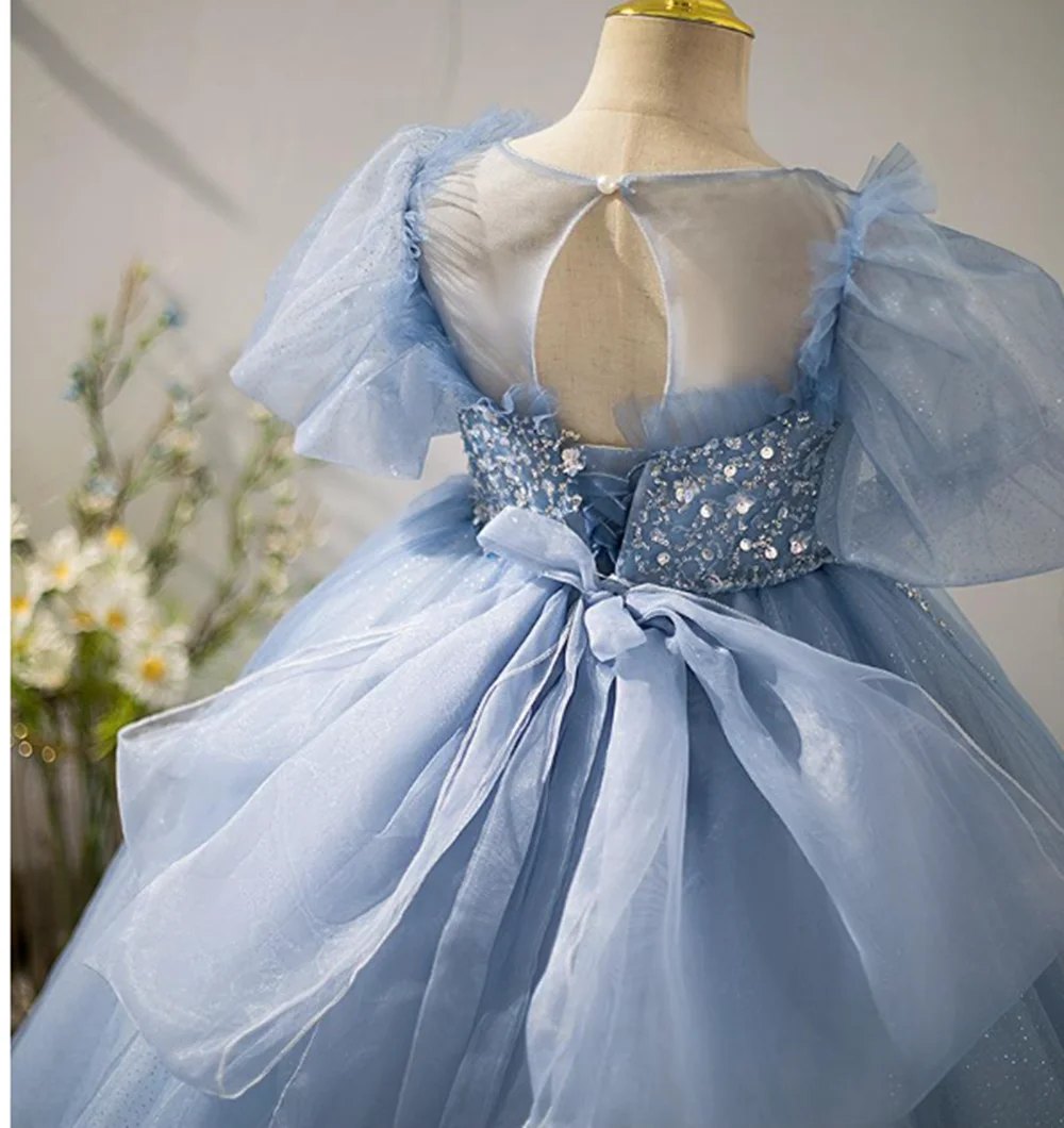 Bow Design Sleeveless Girls Birthday Dresses Ball Gown Tiered Mesh Robe Elegant Temperament Flower Girls Dress