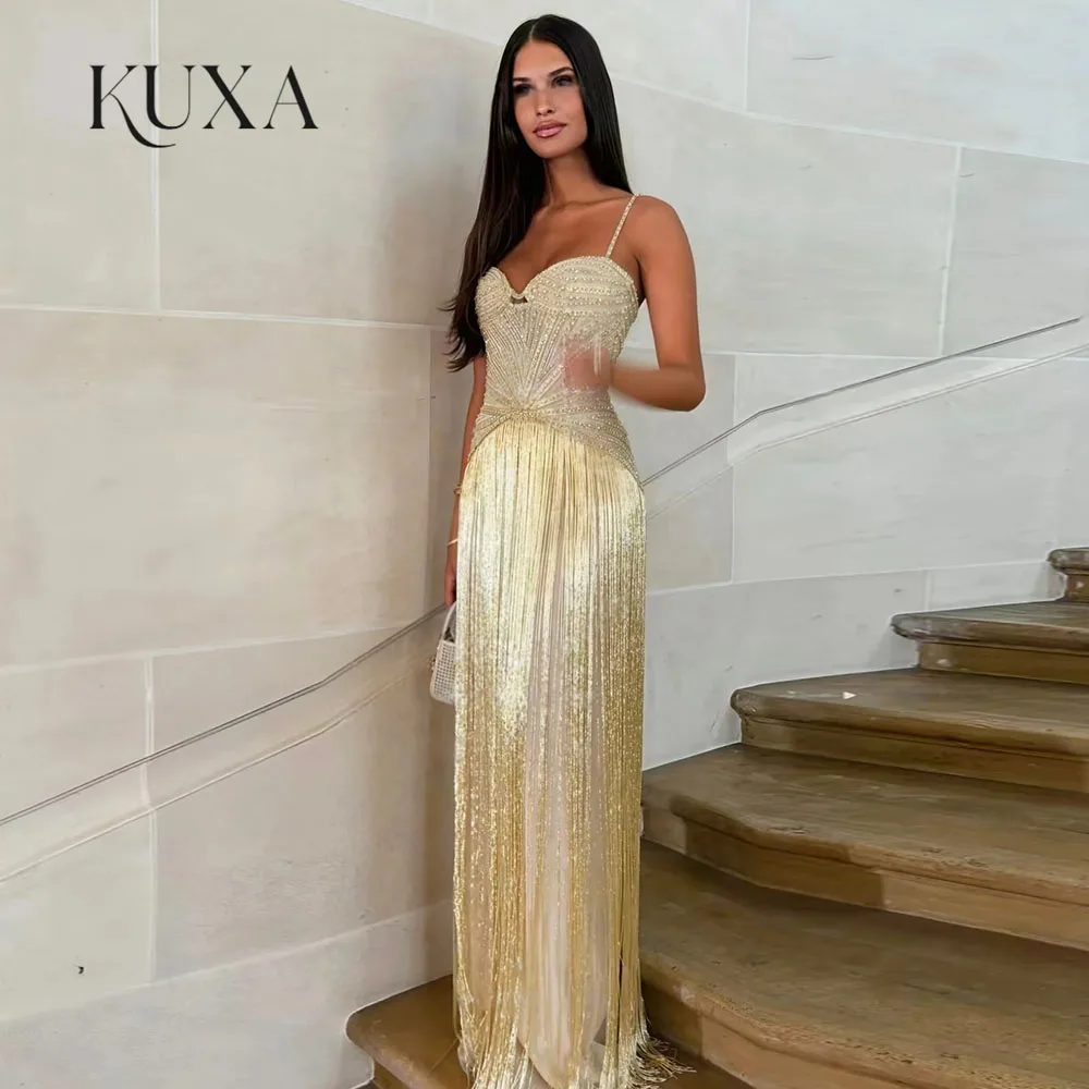 KUXA Exquisite Tassel Golden Evening Dress Sweetheart Beading Straps Floor Length Wedding Party Dresses Customized Prom Gowns