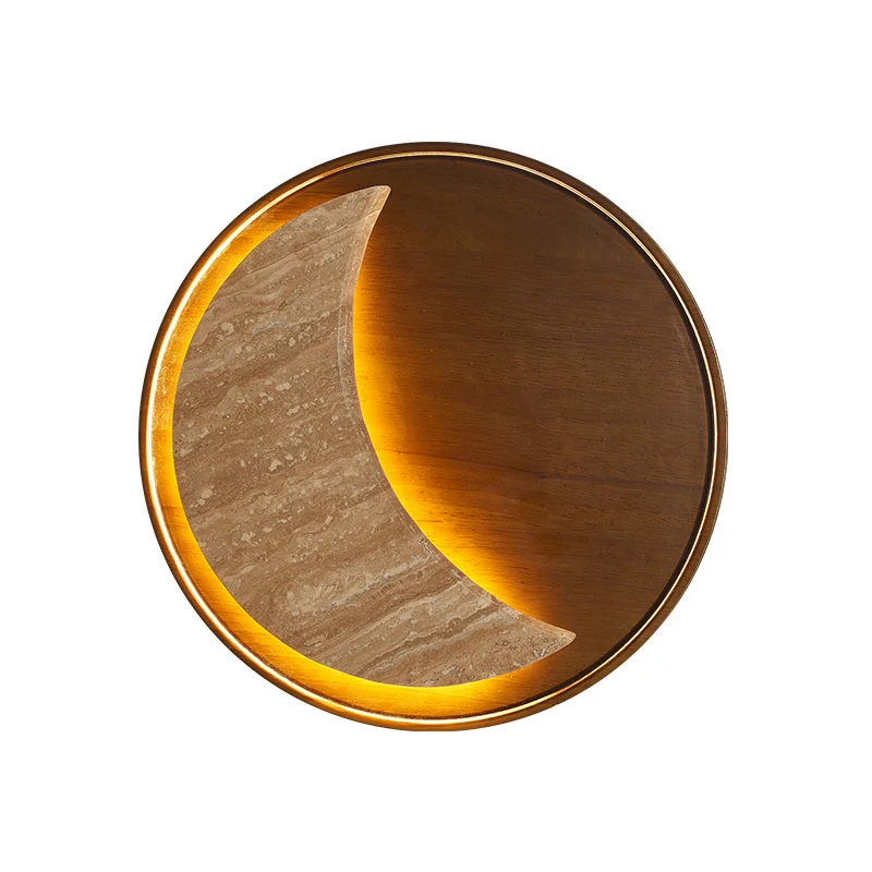 

Yellow Travertine Minimalist Round Moon Bedside Wall Lamp Mingyue Designer's Chosen Creative Accent Wooden Wall Light