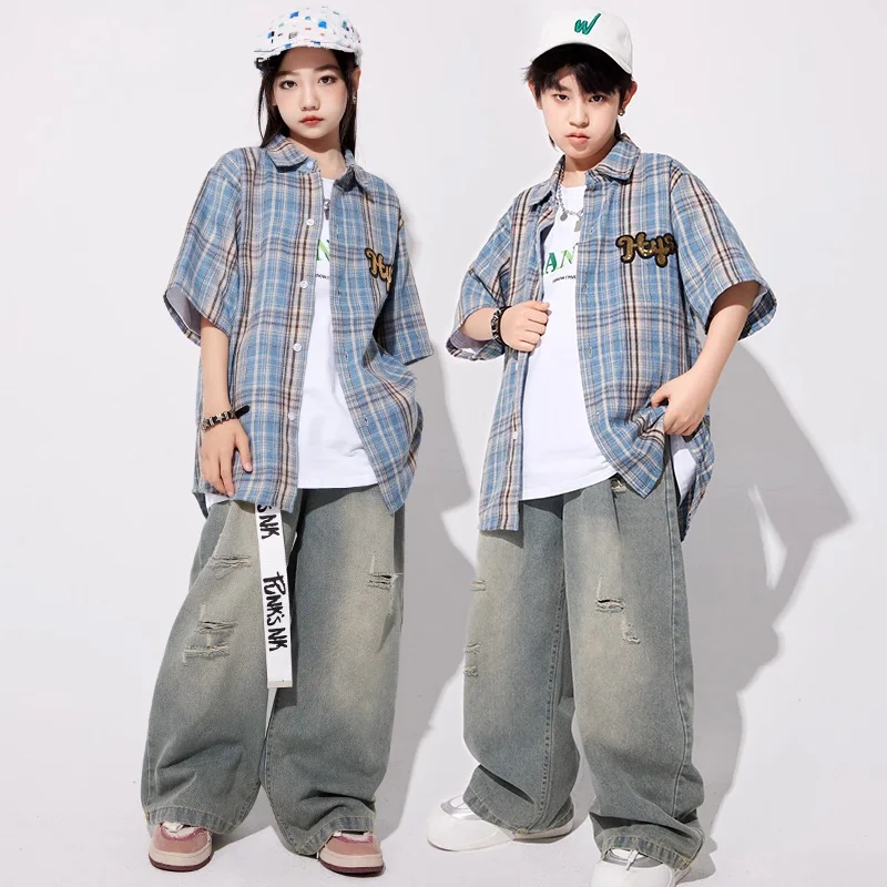 ملابس الهيب هوب اليابانية منقوشة خمر قميص ممزق الجينز الفتيات K-pop الشارع الرقص مجموعات الصبي الشارع الشهير ملابس الاطفال الجاز زي