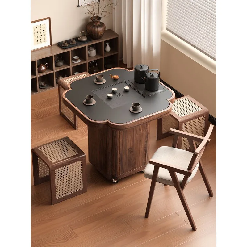 Modern four-leaf clover solid wood removable tea table living room tea cabinet