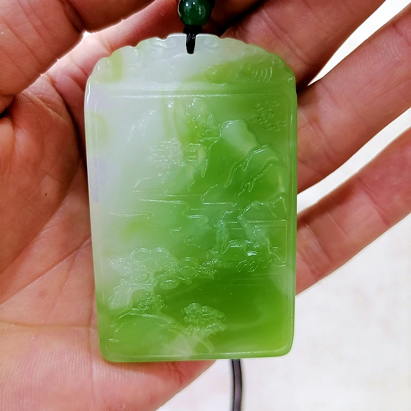 

Natural Emerald Green Hand Carved Landscape Jade Pendant Fashion Boutique Jewelry Men's and Women's Landscape PaintingNecklace