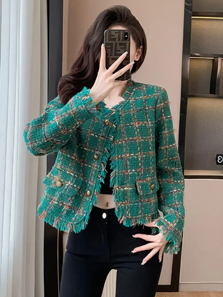 

Vintage Tassel Plaid Tweed Jacket Women Slim Sweet Long Sleeve Elegant Coat Retro O Neck French Fall Winter Female Short Tops