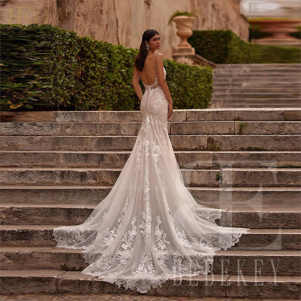 BEBEKEY Customized Luxury Lace Wedding Dress Beaded Appliques Wedding Party Gown Mermaid Bridal Dresses Backless Formal Gowns
