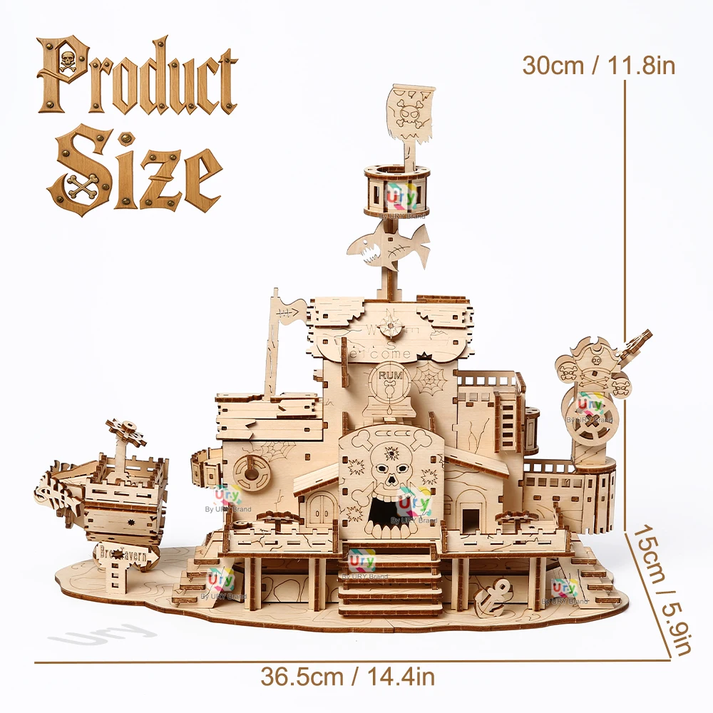 Ury DIY 3D Wooden Puzzle Retro Style Pirate Harbor Dock Tavern Model Toys Handmade Set Home Decoration Christmas Gift