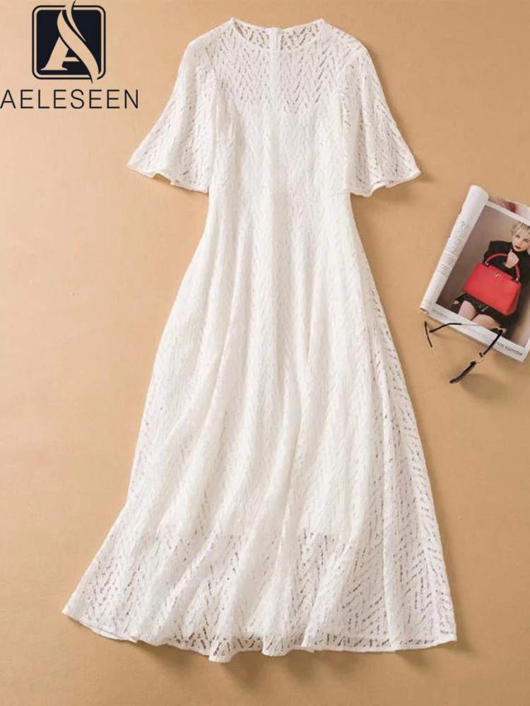 

AELESEEN Designer Fashion 2022 Summer Long Dress Women Design New White Butterfly Sleeve Lace Hollow Out Ladies Elegant Party