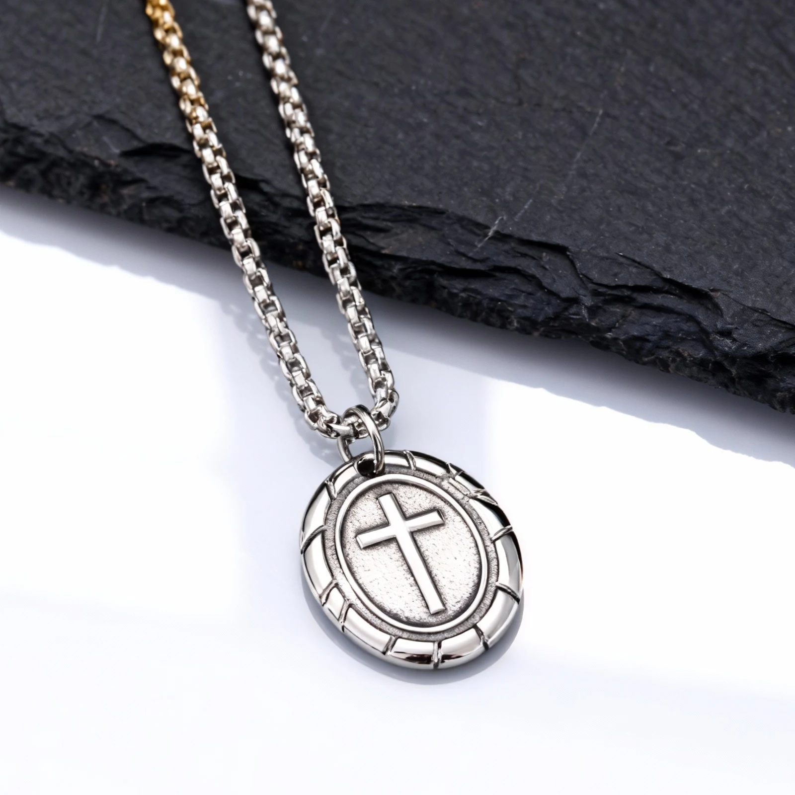 Herren Retro Silber Farbe Edelstahl Kreuz Anhänger Halsketten, Neue Punk Religiöser Glaube Kragen Geschenke für Ihn Schmuck – Detail 4