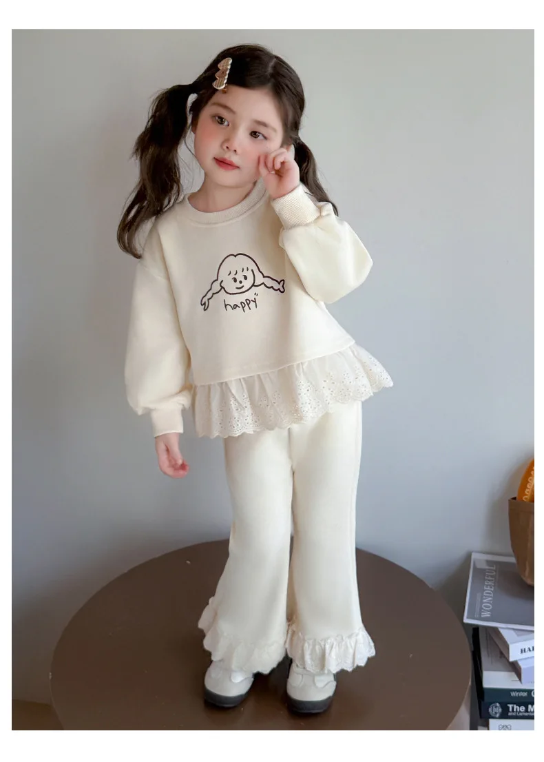 Neue Herbst-Kinderkleidung, süßes Sweatshirt-Outfit für Babymädchen, Spitze, lange Ärmel, Cartoon-Print-Oberteil + Hose, 2-teiliges Set – Detail 8