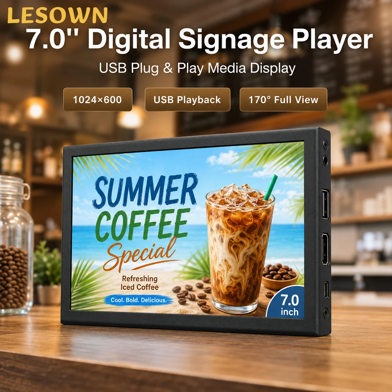 LESOWN Small Portable Multimedia Display 7 Inch Compact USB Video Player Digital Signage Screen with Auto Playback Function