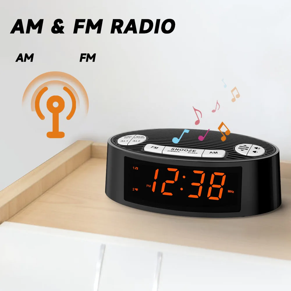 1PC USB Plug AM/FM Alarm Clock Radio with Dual Alarm, Sleep Timer & Snooze Functions, Orange LED Display, 4-Level Dimming Option