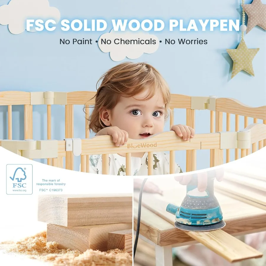 Składany drewniany kojec - Regulowany drewniany plac zabaw dla niemowląt z blokadą zabezpieczającą przed dziećmi, duży, bezpieczny płotek do użytku wewnątrz pomieszczeń dla niemowląt i małych dzieci.