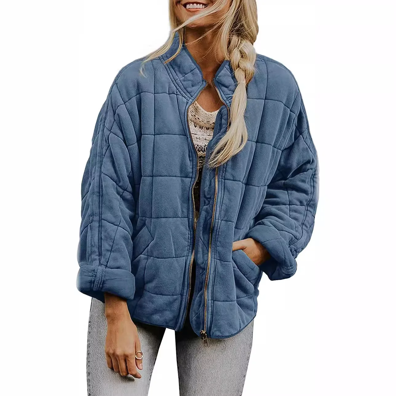 Quilted Coats Women Solid Stand Up Collar Loose Pocket Long Sleeved Cotton Jacket Autumn Winter Fashionable Daily Warm Overwear