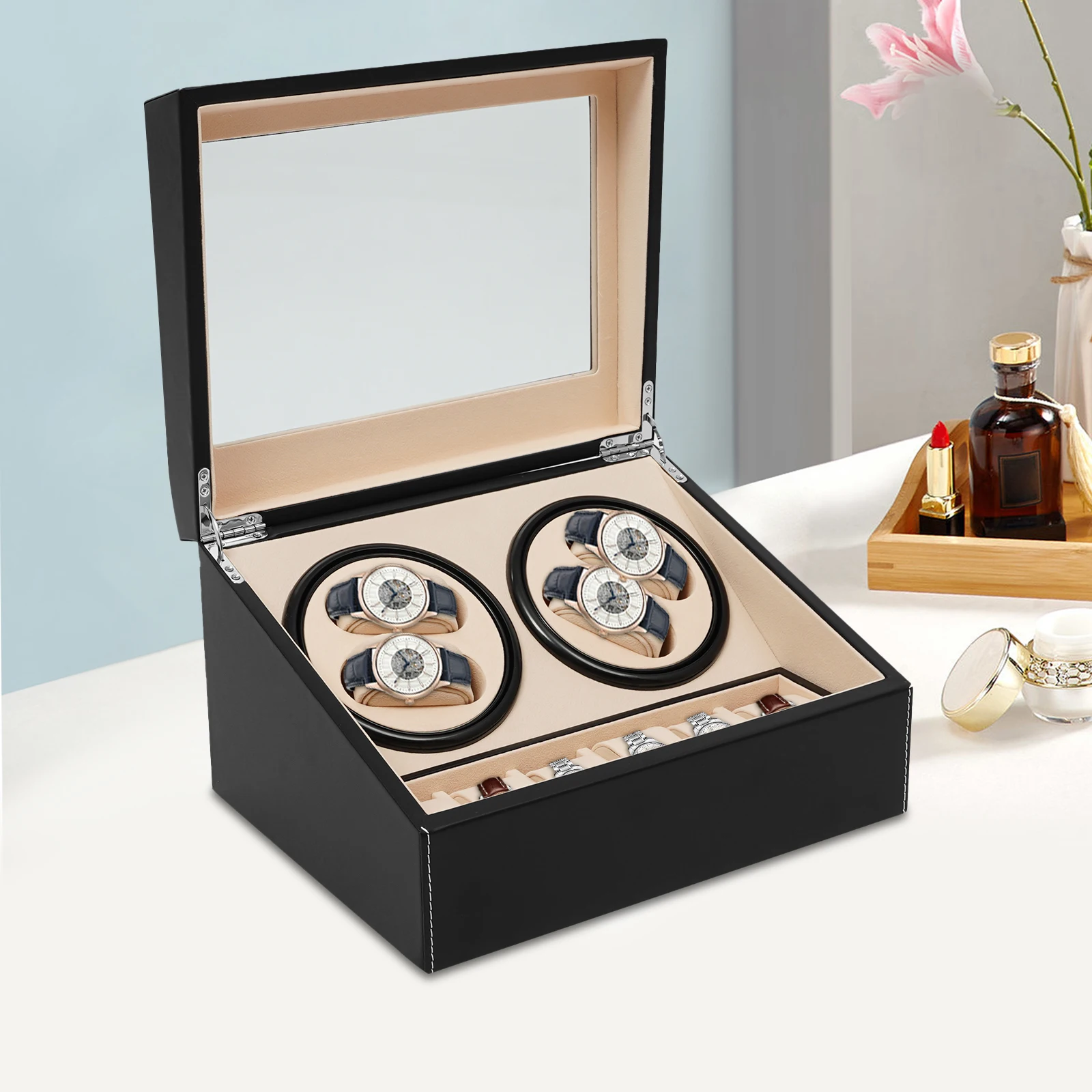 4+6 Slots Automatic Watch Winder, PU Leather Glass Top Bidirectional Rotation Watch Display Box Jewelry Storage Case,Brown/Black