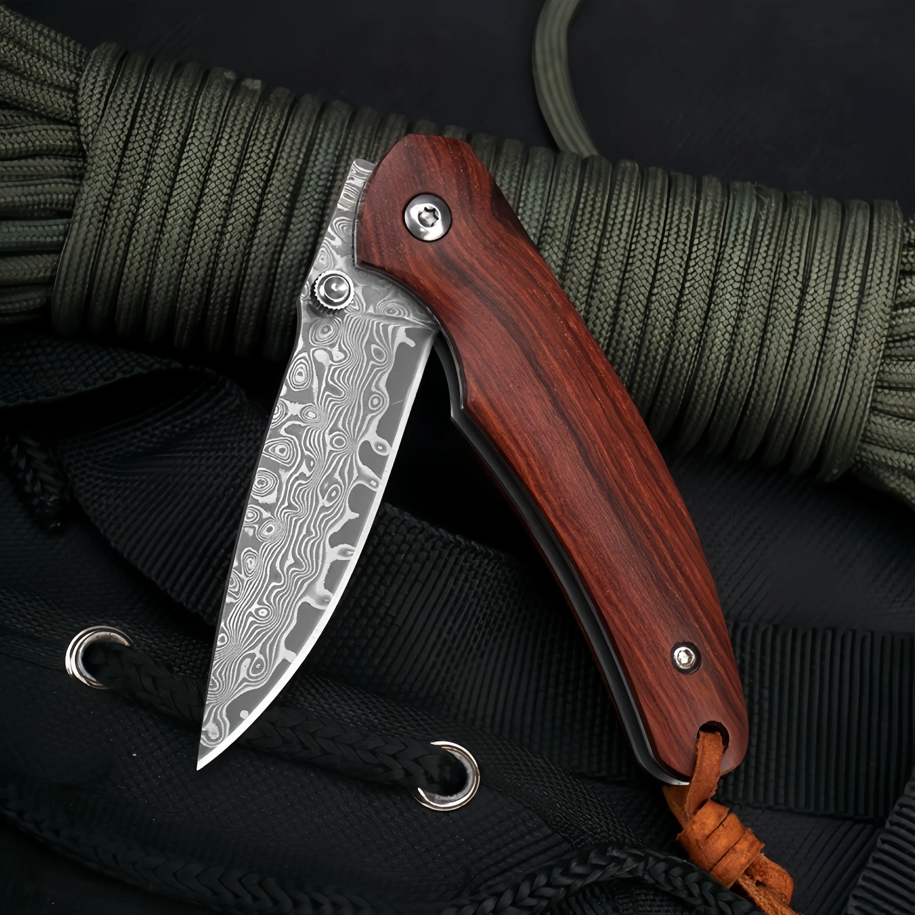 New Arrival Damascus Steel Wood Handle Outdoor Camping Hunting Survival Folding EDC Tactical Pocket Mini Knife