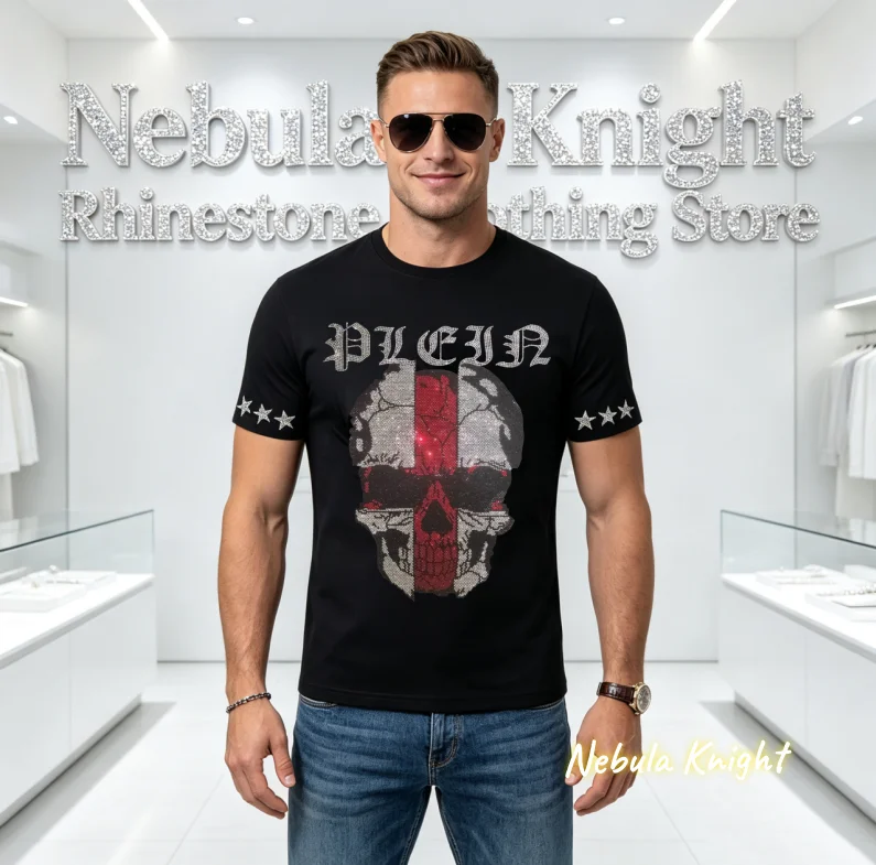Male Fashion Bling Rhinestone Crystal T-shirt O Neck Cotton Short Sleeve Daily Casual Street Basic Tops