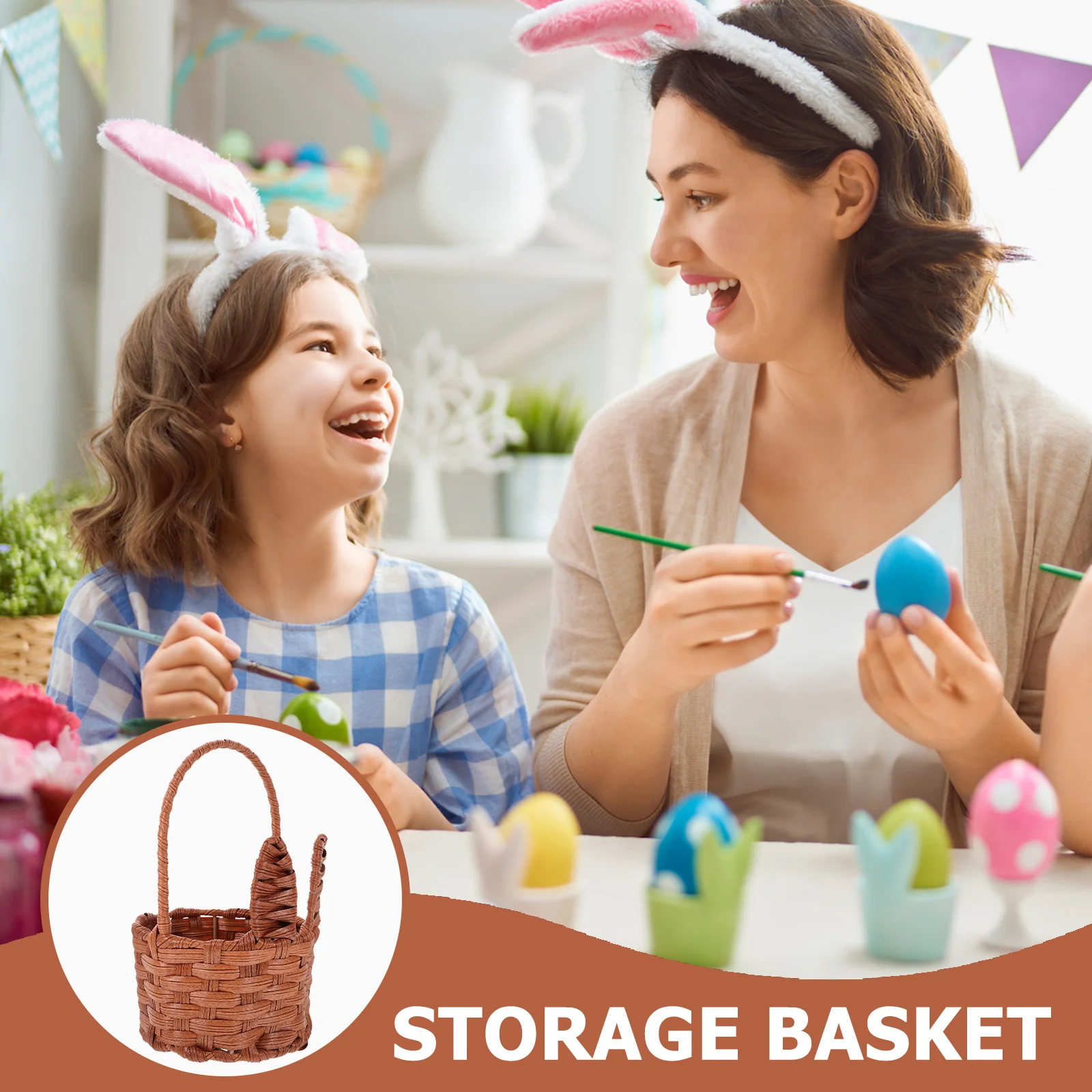 

Bunny Ear Woven Storage Basket Portable Handwoven Easter Egg Holder Cute Decorative Basket for Holiday Picnic Gift