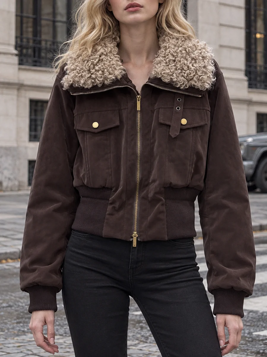 TWOTWINSTYLE Fluffy Spliced Button Slimming Coat for Women Lapel Collar Long Sleeve Patchwork Zipper Pocket Jacket Female Style