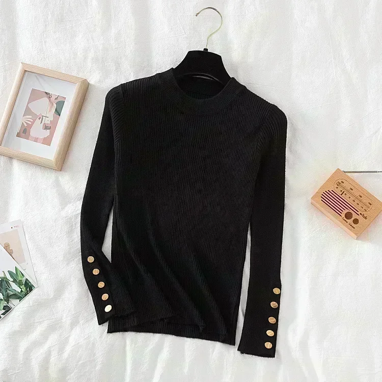 Women Autumn Winter Sweater Button Knitted Top Streetwear Solid Slim Pullover O Neck Streetwear Simple Chic Long Sleeve Jumpers