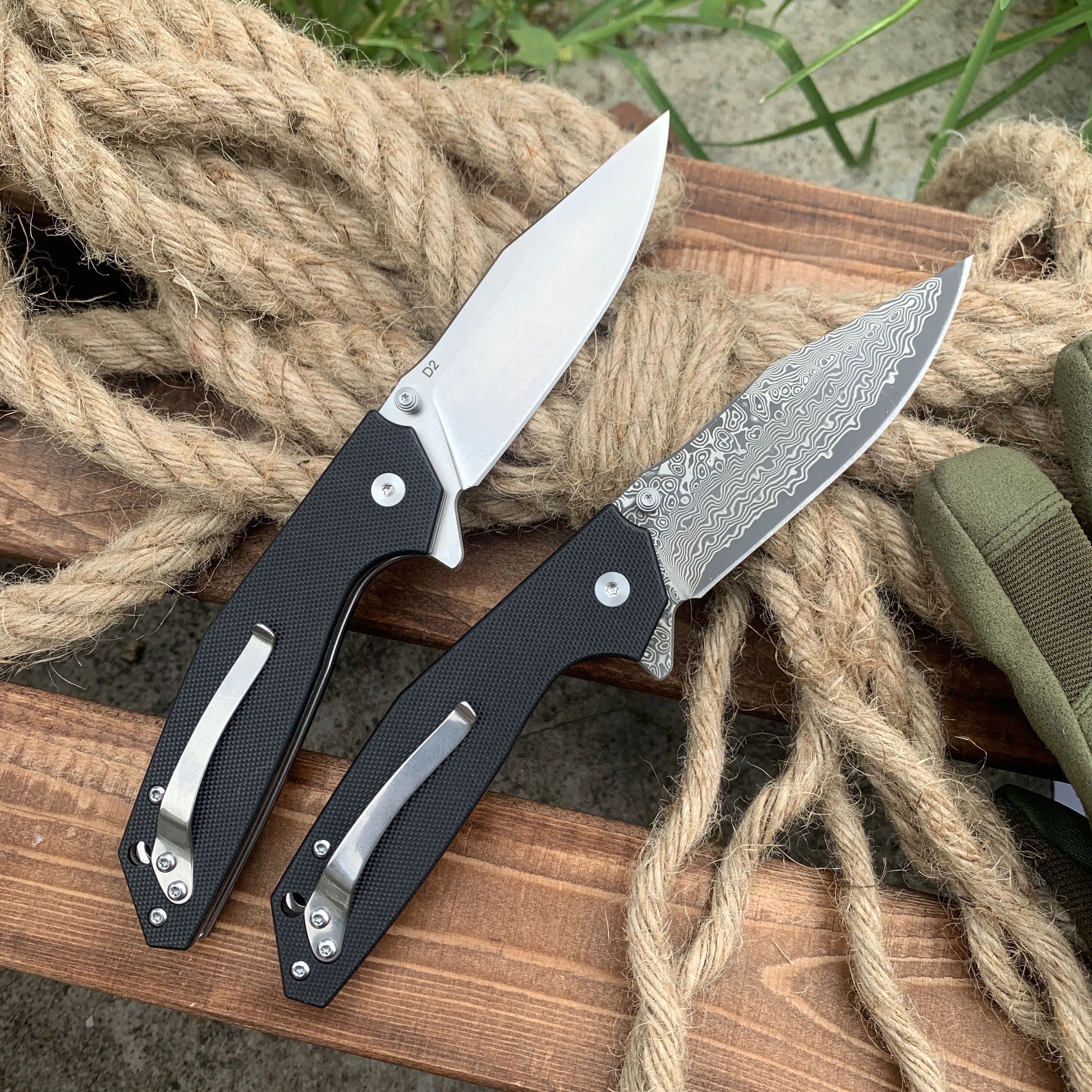 Men\'s folding knife Flip Tactical Pocket Knife D2 or Damascus blade G10 handle EDC knife suitable for camping and hunting