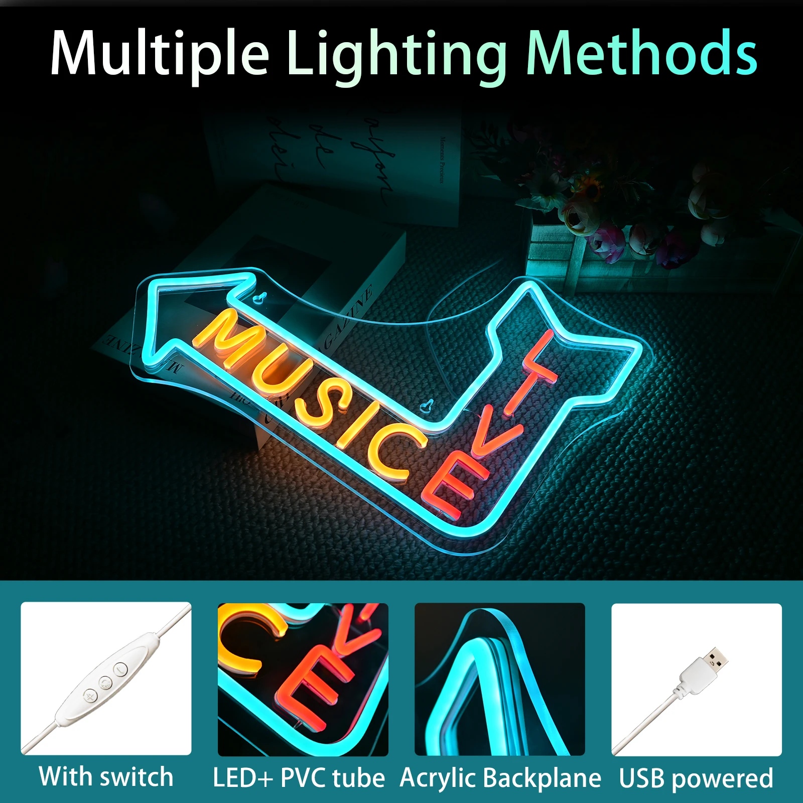 Live Music Neon Sign For Wall Decor Arrow Direction LED Lights Room Decoration For Music Bar Club Party KTV Dimmable USB Lamp