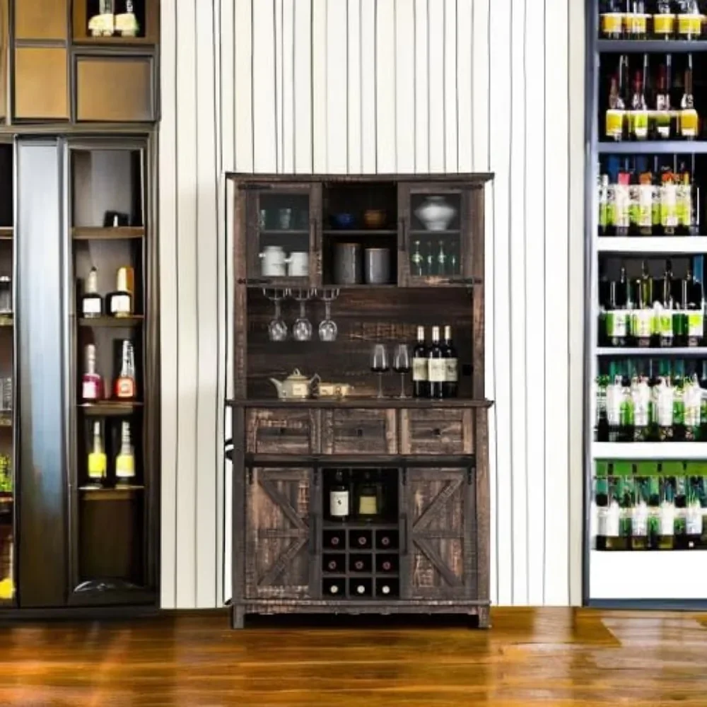 Coffee Bar Cabinet with Sliding Barn Door, Farmhouse Kitchen Sideboard, Wine Glass Racks, LED Lights, Tall Hutch Home Bar