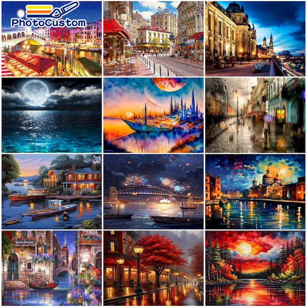 PhotoCustom Coloring By Numbers Complete Kit Cityscape Painting Package Oil Paints Paiting By Numbers Home Decor Crafts For Adul