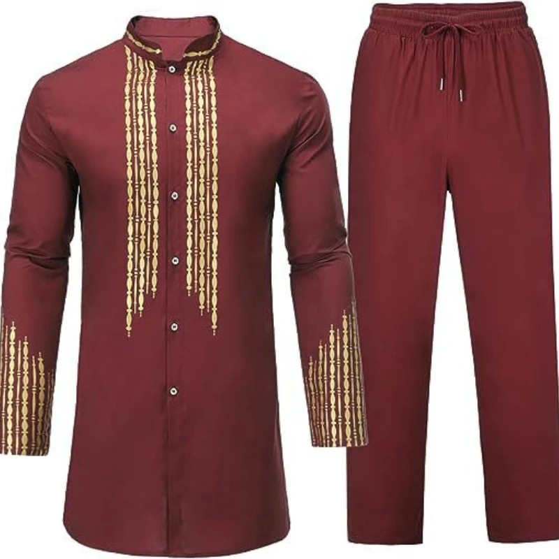 Men\'s African Men\'s Suit Bronzing Top and Trousers 2-Piece Set pakistan  muslim fashion  men arabic clothes  arab