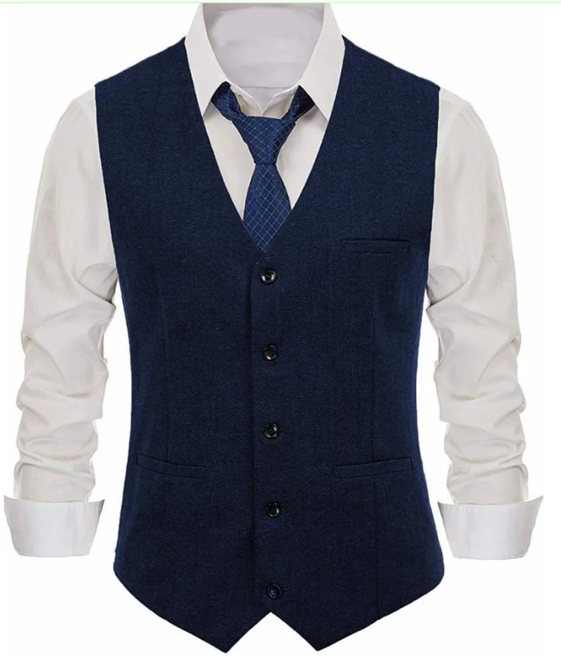 Men\'s Herringbone Suit Vest V Neck Wool Vest Casual Formal Single Breasted Business Groomsmen Wedding Party Sleeveless Tank Top