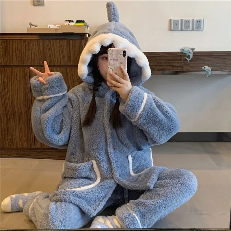 Shark Women\'s Pajamas Flannel Hooded Sleepwear Kawaii Pijama Female Set with Pants Cute Pyjamas Halloween Party Loungewear