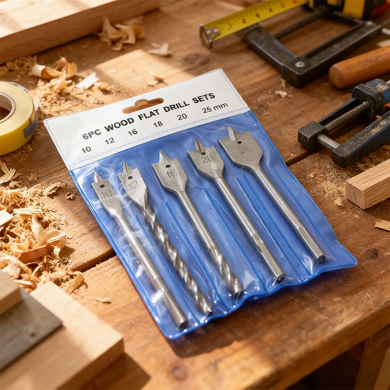 6-Piece Set Natural Color Three Pointed Flat Drill Hexagonal Handle Woodworking Hole Opener Wooden Board Drilling Bit Tool Set