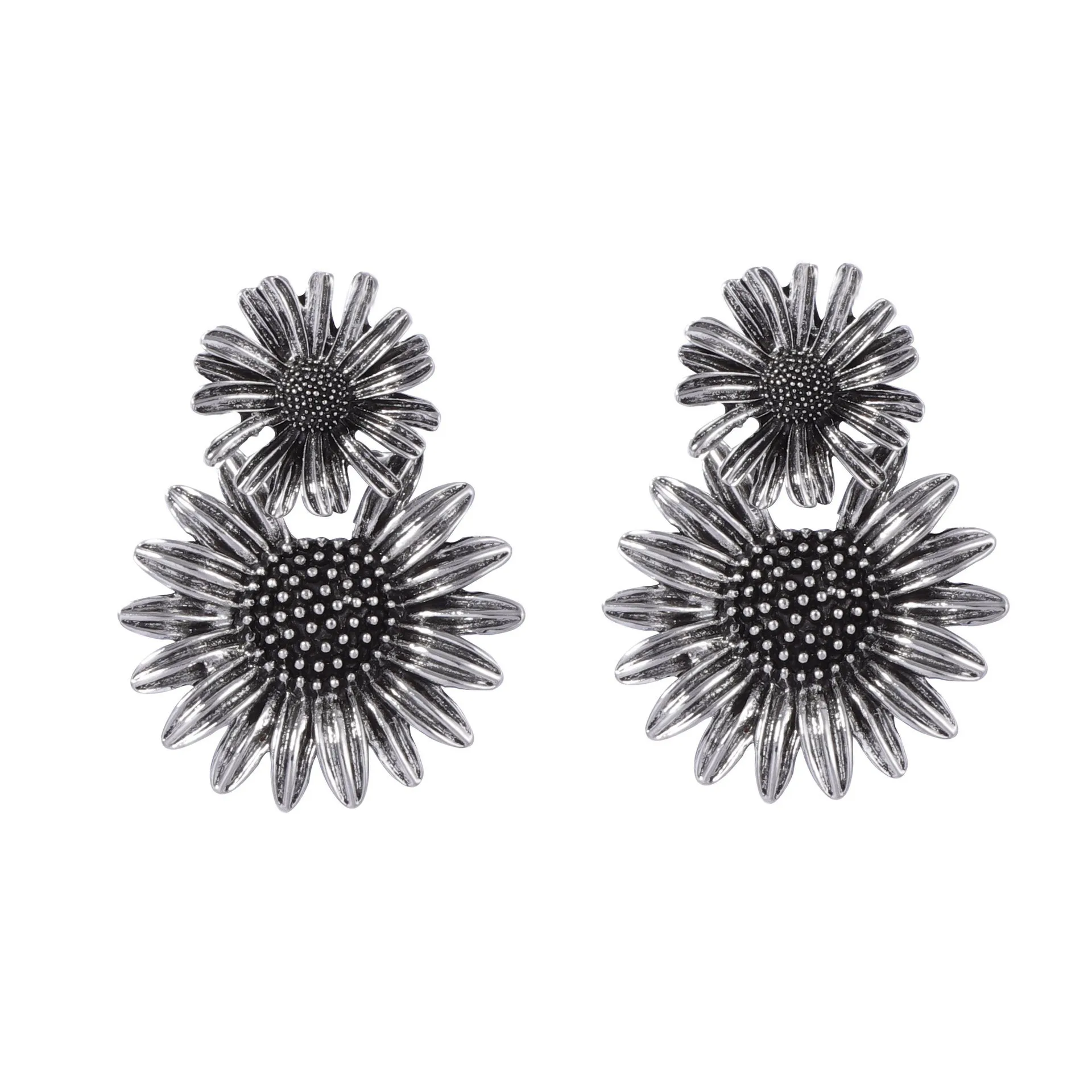 Personalized retro screw closure double-layer flower alloy pendant earrings, high-end versatile design women's models