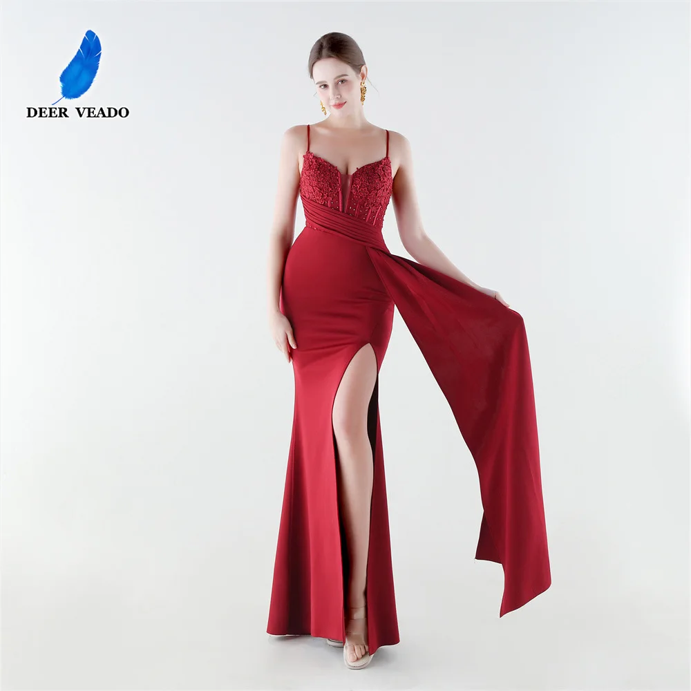 

DEERVEADO 11 Colors Elegant Mermaid Deep V-Neck Evening Dress with Appliques Woman Strap Graduation Prom Dress Party Dresses