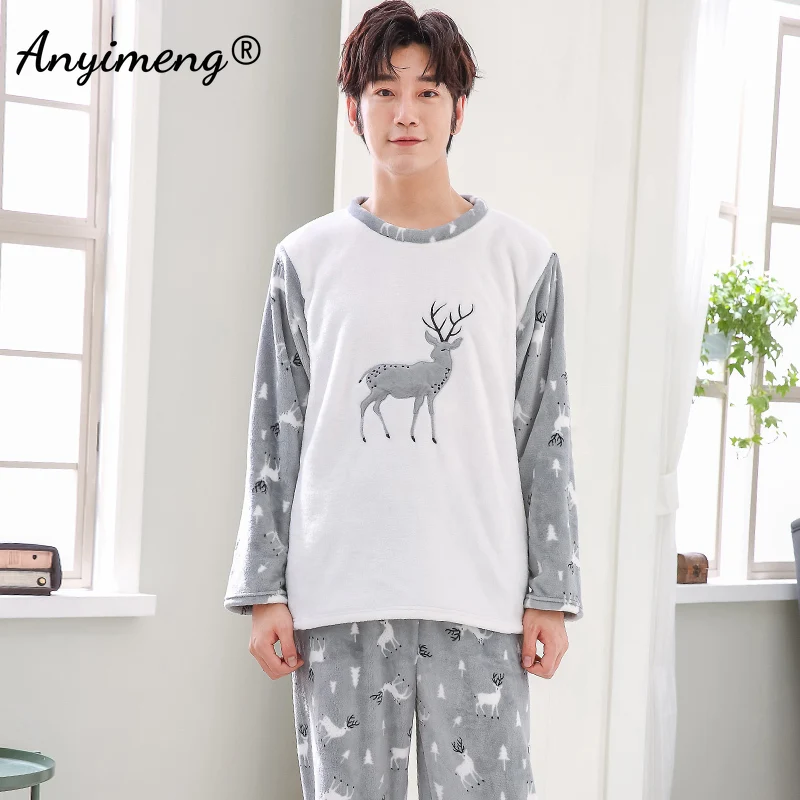 Winter New Warm Flannel Boy\'s Monster Bear Thick Pajama Sets Men Sleepwear Soft Fleece Sleep Leisure Preppy Man Pajamas Clothing