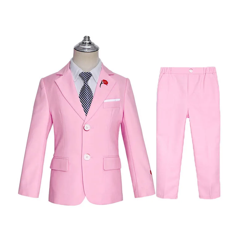 British Boys Blue Pink Spring 3Pieces Jacket Pants Tie Photography Suit Kids Wedding Dress Children Birthday Ceremony Costume