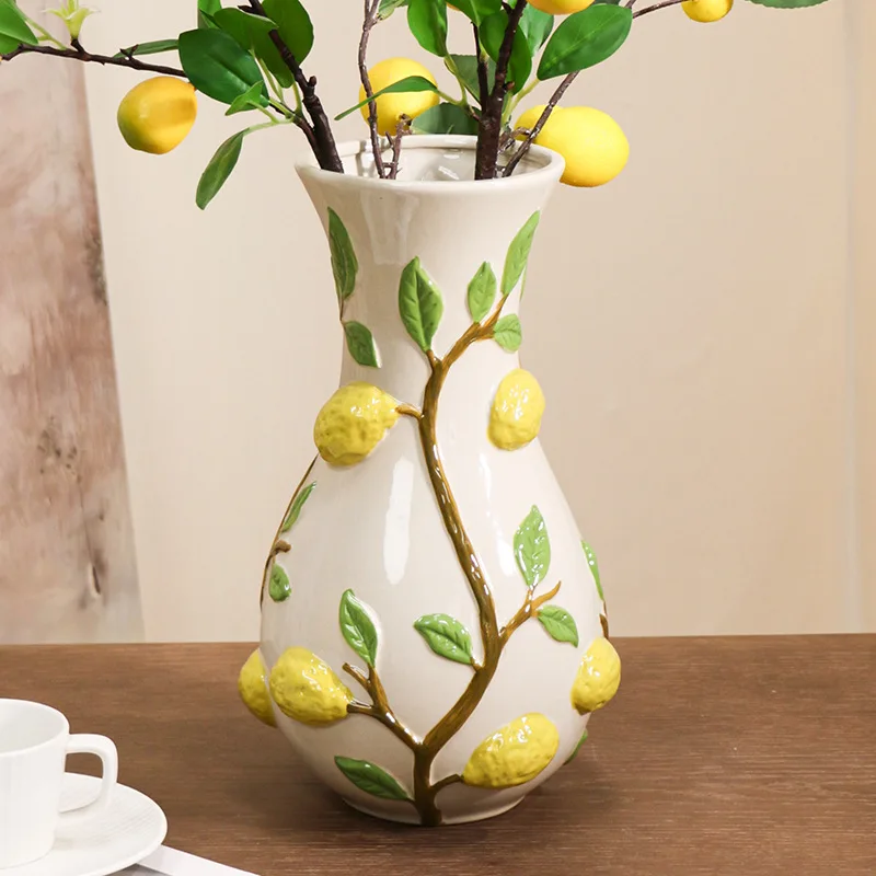 Ceramic Relief Lemon Flower Vase Decoration Hydroponic Flower Pot Living Room Accessories Living Room Balcony Home Decoration